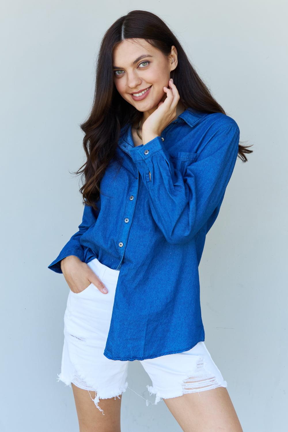 Get trendy with Denim Button Down Shirt Top -  available at Styles Code. Grab yours today!