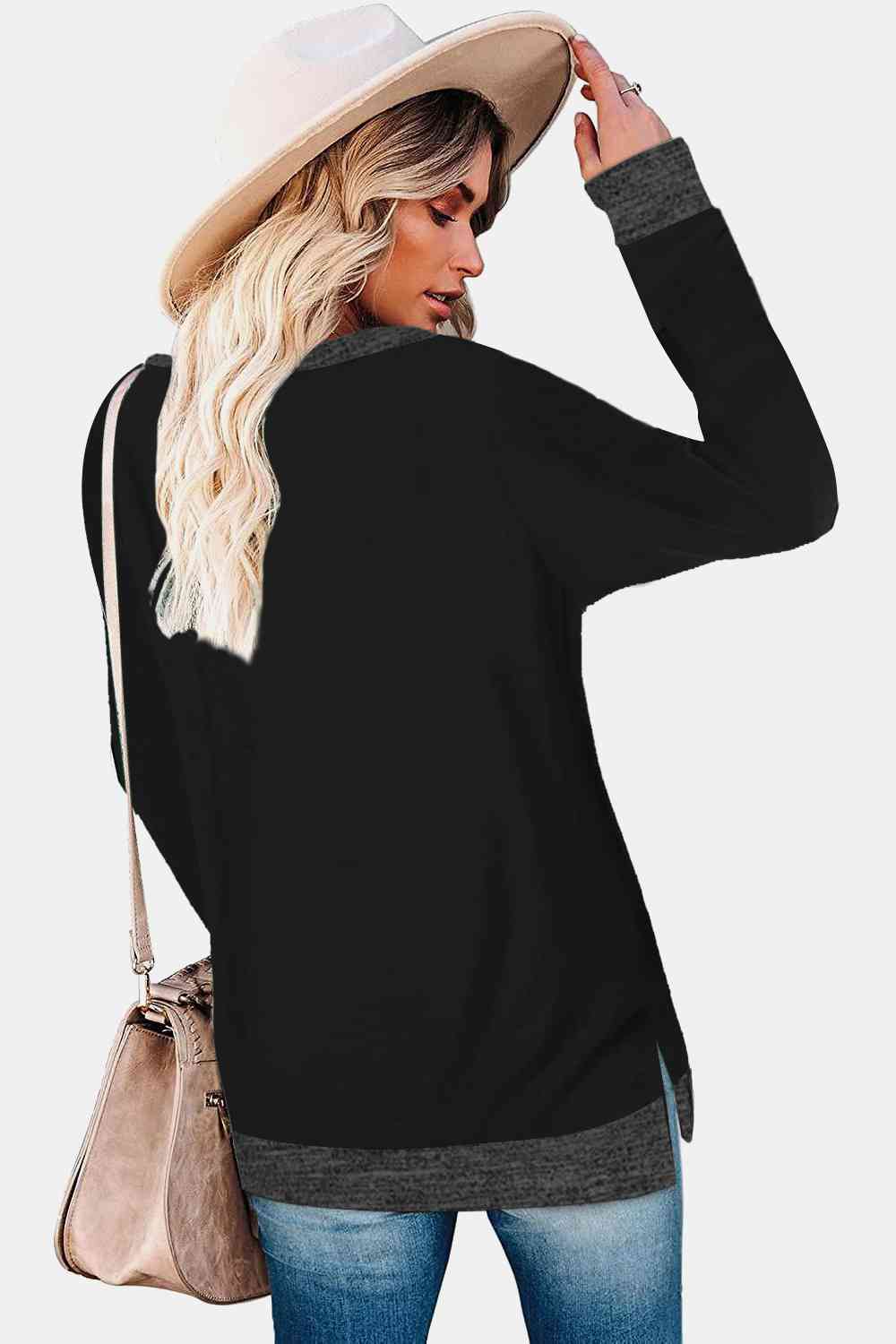 Get trendy with Round Neck Long Sleeve Slit T-Shirt - Shirt available at Styles Code. Grab yours today!