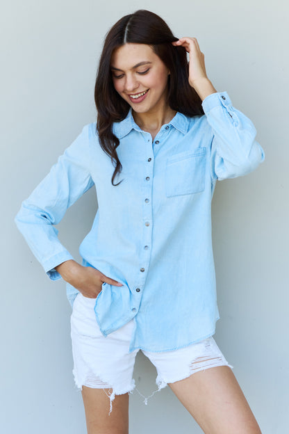 Get trendy with Doublju Blue Jean Baby Denim Button Down Shirt Top in Light Blue -  available at Styles Code. Grab yours today!