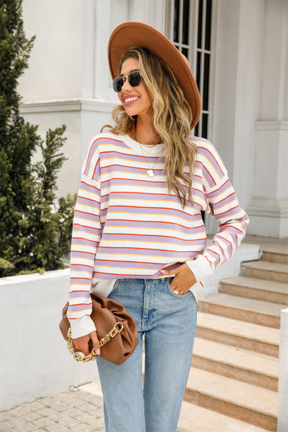 Get trendy with Striped Round Neck Dropped Shoulder Knit Top - Tops available at Styles Code. Grab yours today!