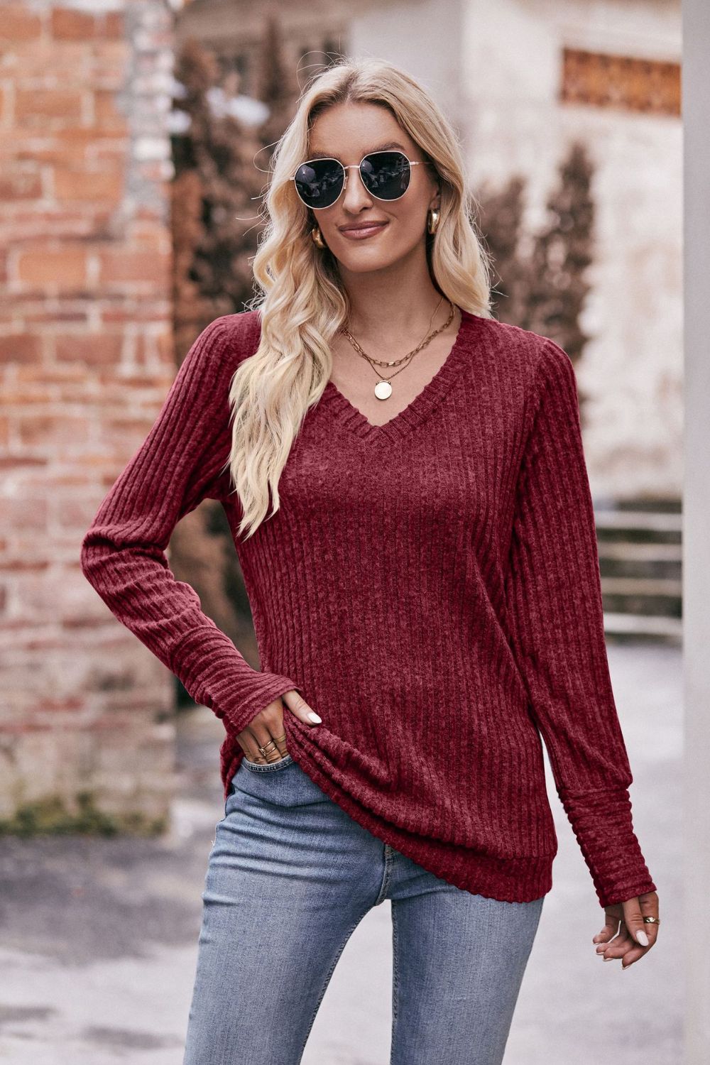 Get trendy with Double Take V-Neck Long Sleeve Ribbed Top - Tops available at Styles Code. Grab yours today!