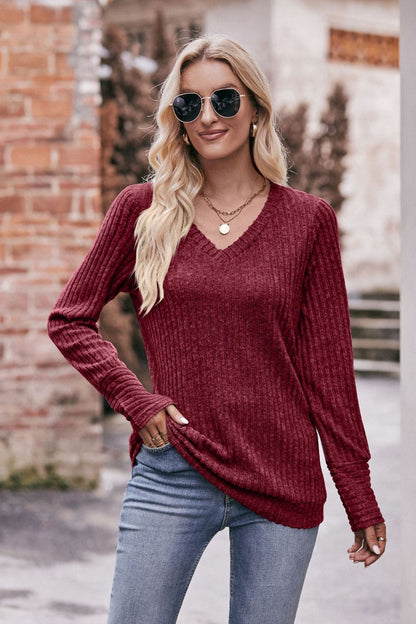 Get trendy with Double Take V-Neck Long Sleeve Ribbed Top - Tops available at Styles Code. Grab yours today!