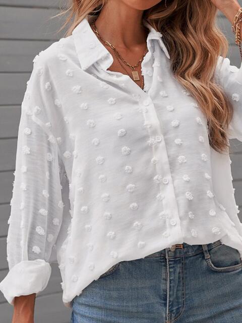 Get trendy with Swiss Dot Drop Shoulder Shirt - Shirt available at Styles Code. Grab yours today!