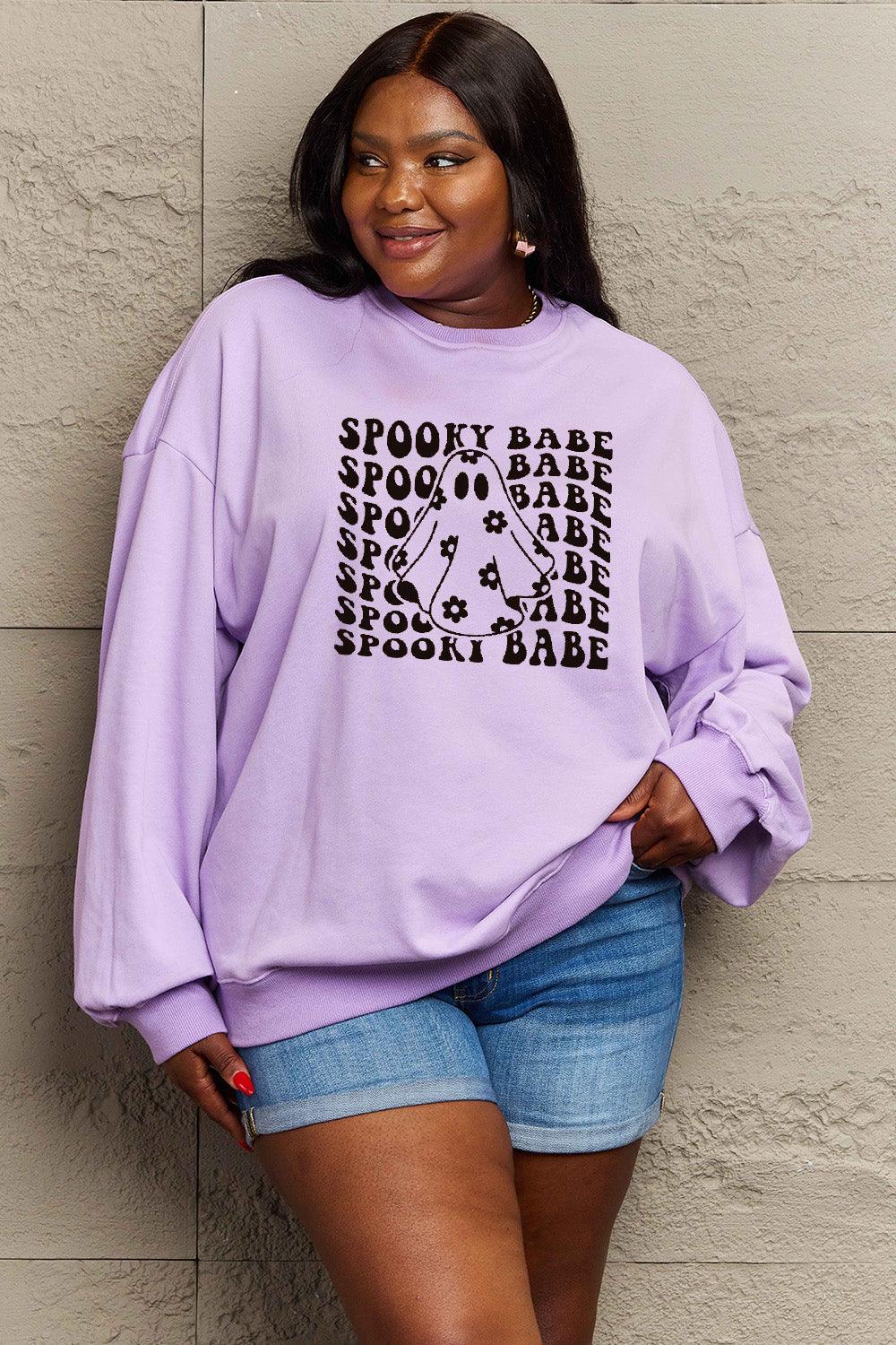 Get trendy with Simply Love Full Size SPOOKY BABE Graphic Sweatshirt - Halloween Clothes available at Styles Code. Grab yours today!