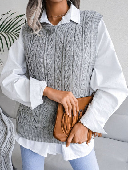 Get trendy with Round Neck Openwork Capped Sleeve Sweater Vest - Vests available at Styles Code. Grab yours today!