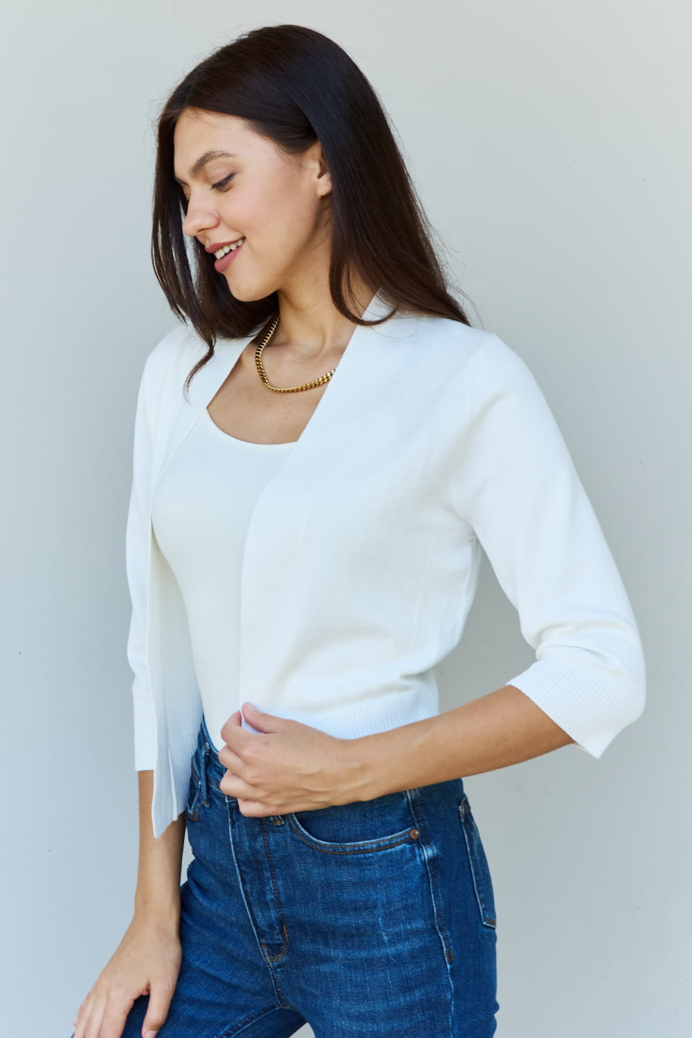 Get trendy with Doublju My Favorite Full Size 3/4 Sleeve Cropped Cardigan in Ivory - Cardigan available at Styles Code. Grab yours today!