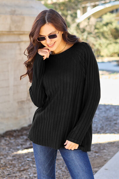 Get trendy with Basic Bae Full Size Ribbed Round Neck Long Sleeve Knit Top -  available at Styles Code. Grab yours today!