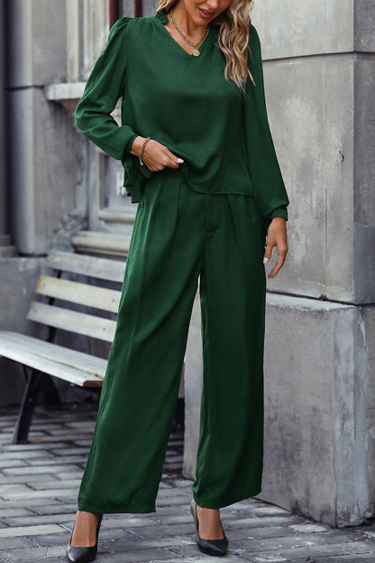 Get trendy with V-Neck Long Sleeve Top and Wide Leg Pants Set - Two Piece Sets available at Styles Code. Grab yours today!