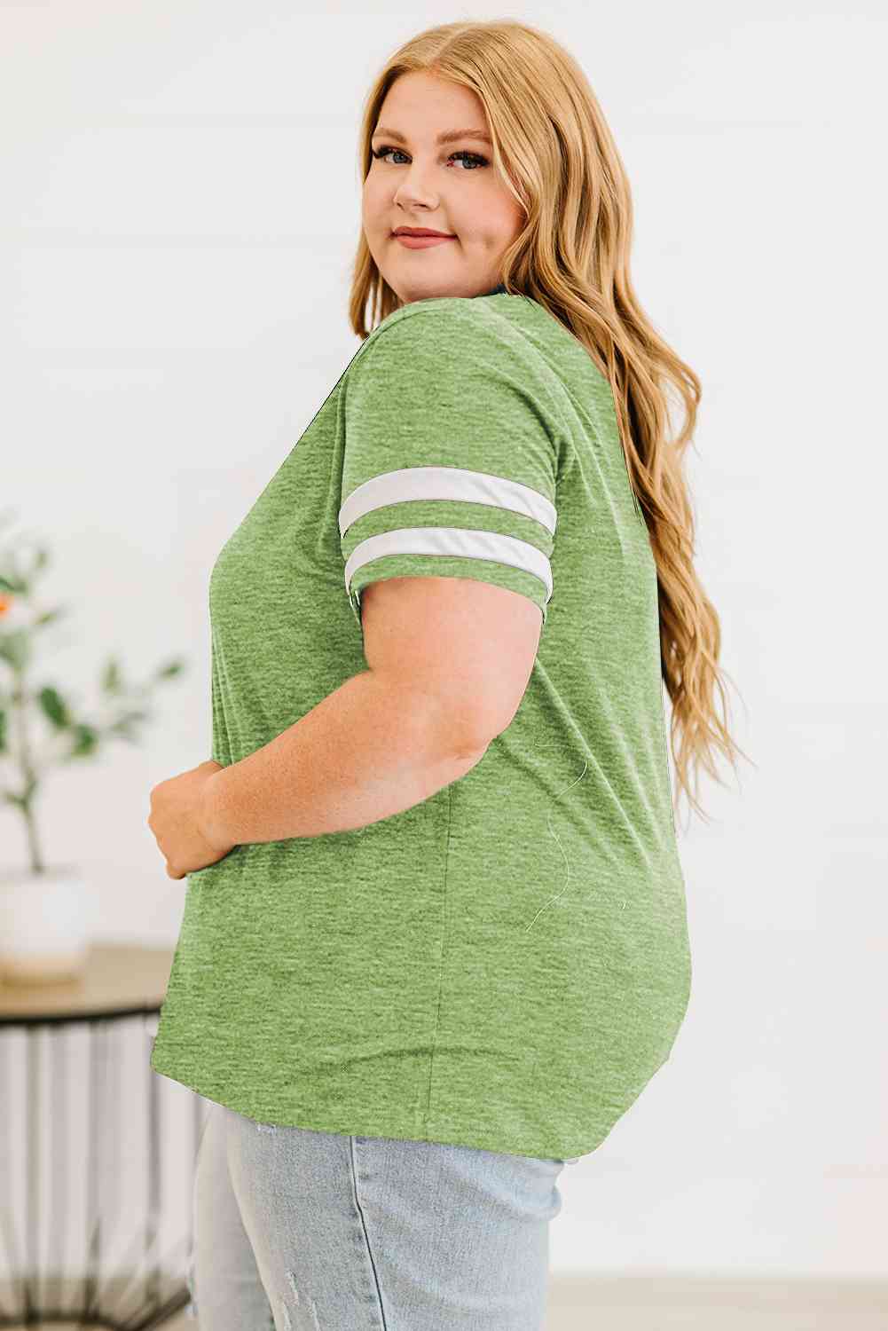 Get trendy with Plus Size Striped V-Neck Tee Shirt - T-Shirt available at Styles Code. Grab yours today!