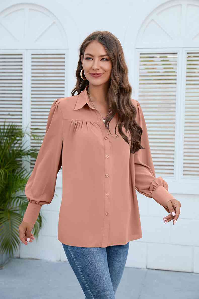 Get trendy with Puff Sleeve Collared Neck Shirt - Shirt available at Styles Code. Grab yours today!