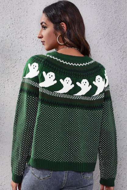 Get trendy with Ghost Pattern Round Neck Long Sleeve Sweater - Halloween Clothes available at Styles Code. Grab yours today!