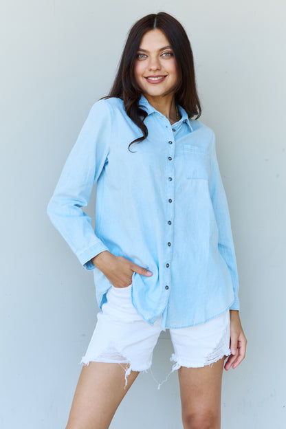 Get trendy with Doublju Blue Jean Baby Denim Button Down Shirt Top in Light Blue -  available at Styles Code. Grab yours today!