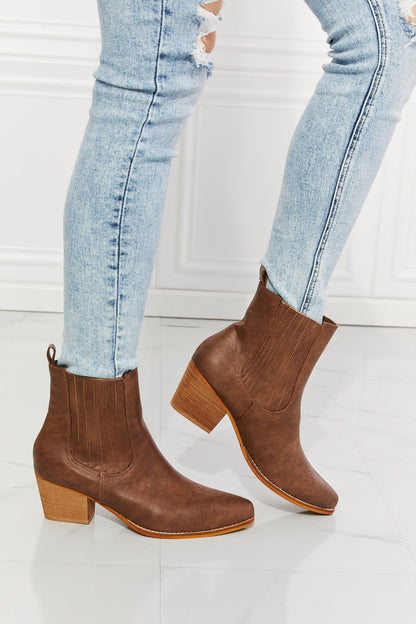 Get trendy with MMShoes Love the Journey Stacked Heel Chelsea Boot in Chestnut - Shoes available at Styles Code. Grab yours today!