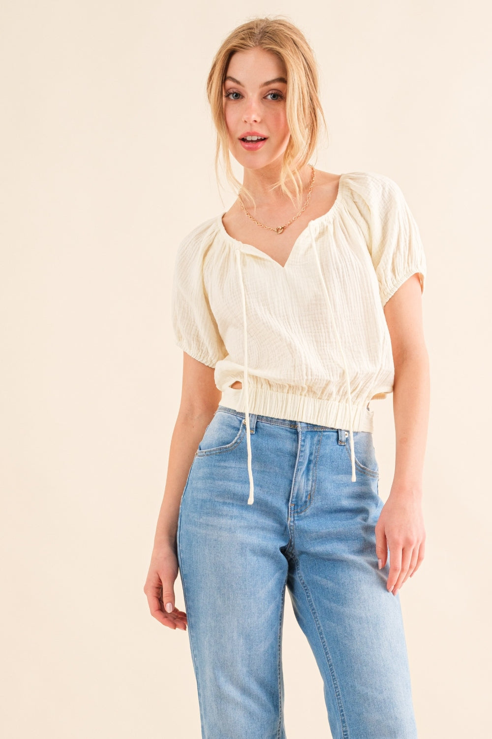 Get trendy with And The Why Back Waist Tie Cropped Blouse - Blouse available at Styles Code. Grab yours today!