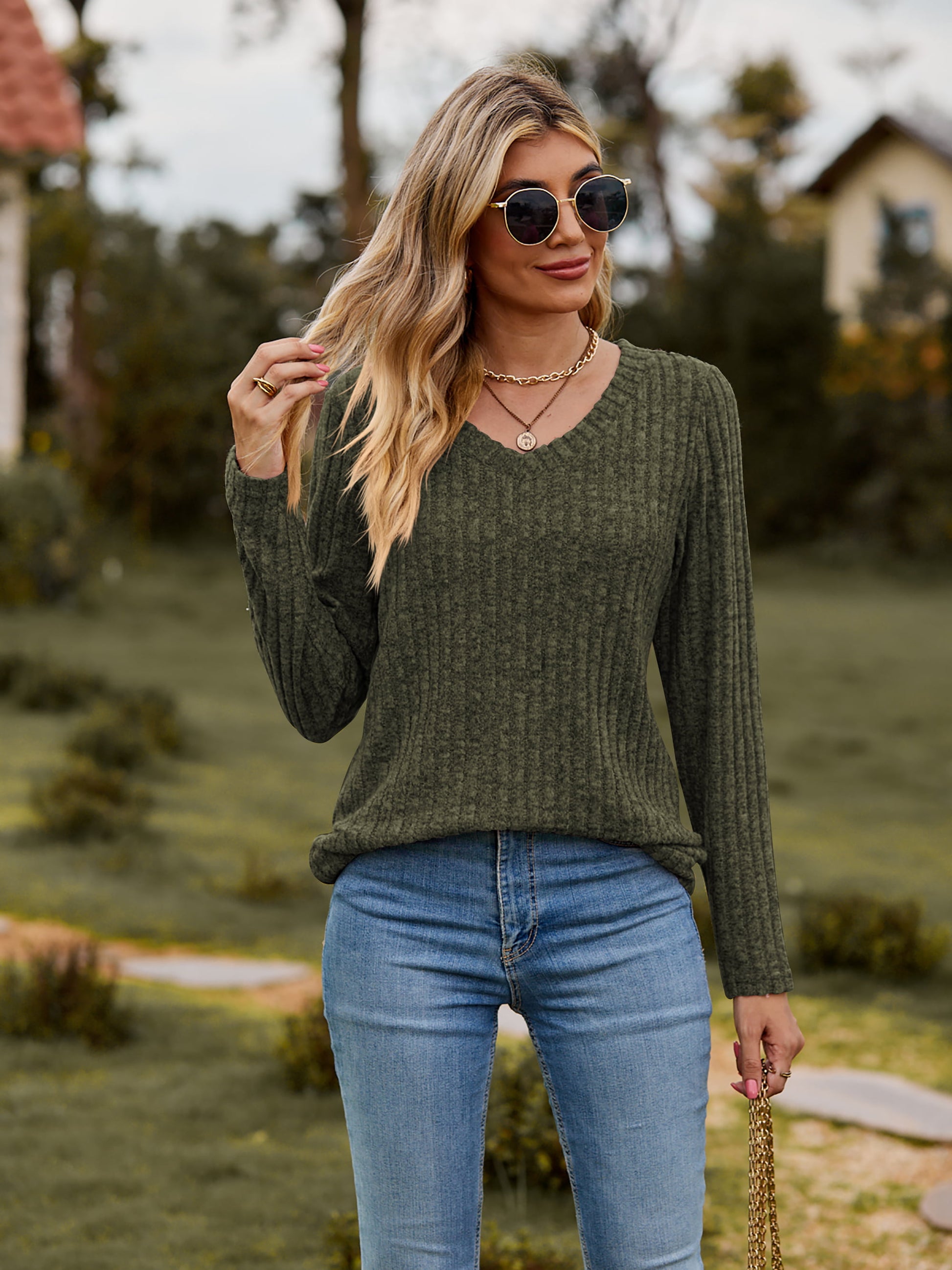 Get trendy with Ribbed V-Neck Long Sleeve Tee - Tops available at Styles Code. Grab yours today!