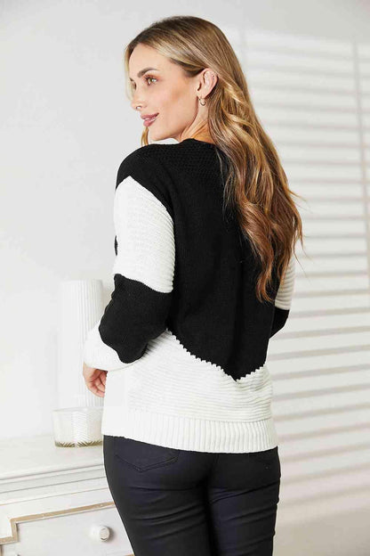 Get trendy with Two-Tone Openwork Rib-Knit Sweater - Sweater available at Styles Code. Grab yours today!