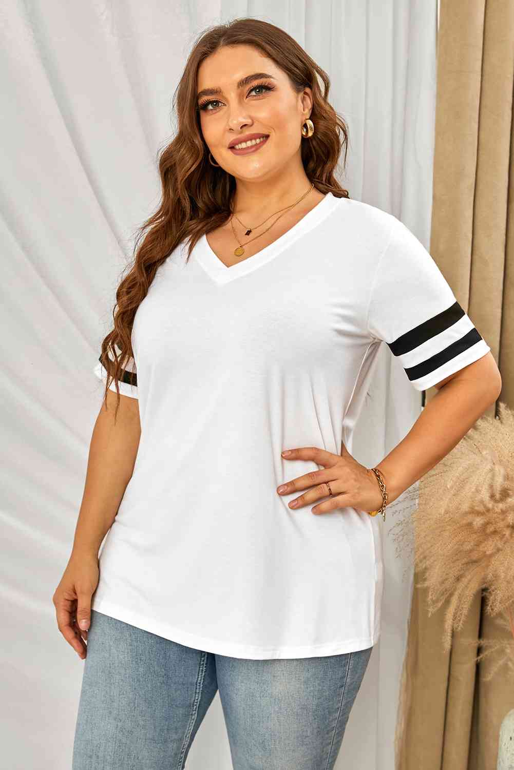 Get trendy with Plus Size Striped V-Neck Tee Shirt - T-Shirt available at Styles Code. Grab yours today!