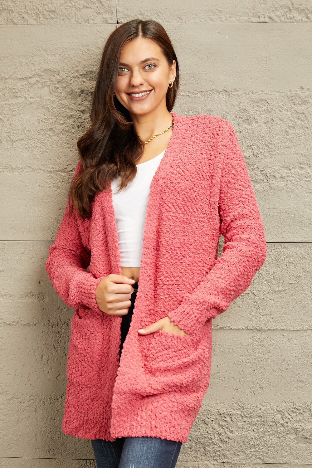 Get trendy with Zenana Falling For You Full Size Open Front Popcorn Cardigan - Luxe available at Styles Code. Grab yours today!