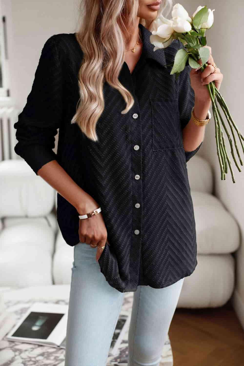 Get trendy with Collared Neck Long Sleeve Pocketed Shirt - Shirt available at Styles Code. Grab yours today!