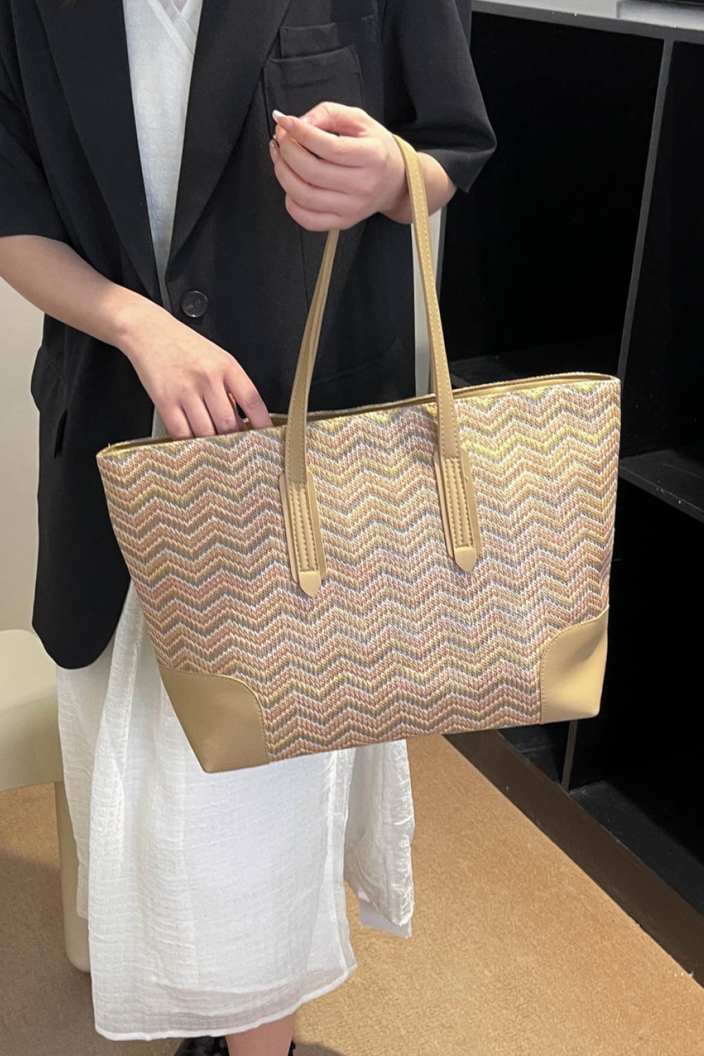 Get trendy with Chevron Straw Tote Bag - Bags available at Styles Code. Grab yours today!