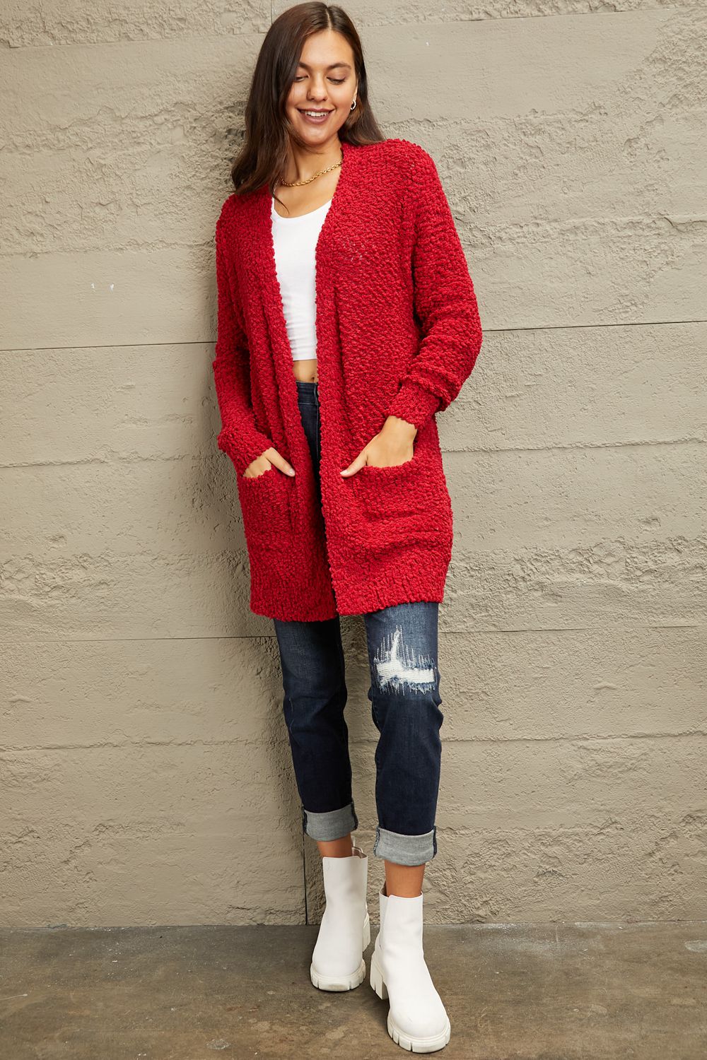 Get trendy with Full Size Open Front Popcorn Cardigan - Cardigan available at Styles Code. Grab yours today!