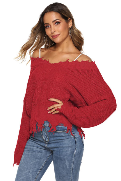 Get trendy with Off-Shoulder Ribbed Long Sleeve Raw Hem Sweater - Sweater available at Styles Code. Grab yours today!