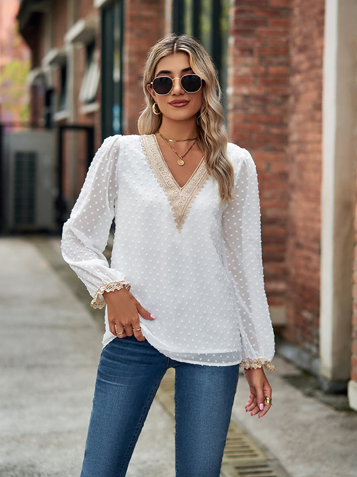 Get trendy with Swiss Dot V-Neck Long Sleeve Blouse - Tops available at Styles Code. Grab yours today!