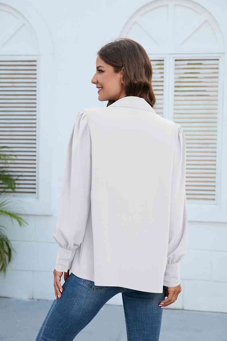 Get trendy with Puff Sleeve Collared Neck Shirt - Shirt available at Styles Code. Grab yours today!