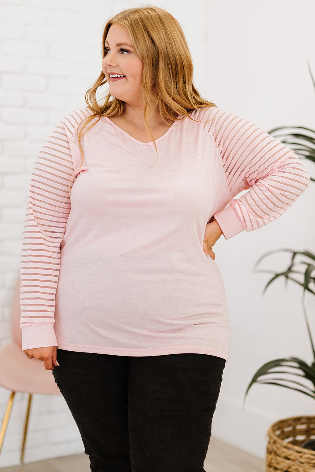 Get trendy with Plus Size Sheer Striped Sleeve V-Neck Top - Plus Size available at Styles Code. Grab yours today!