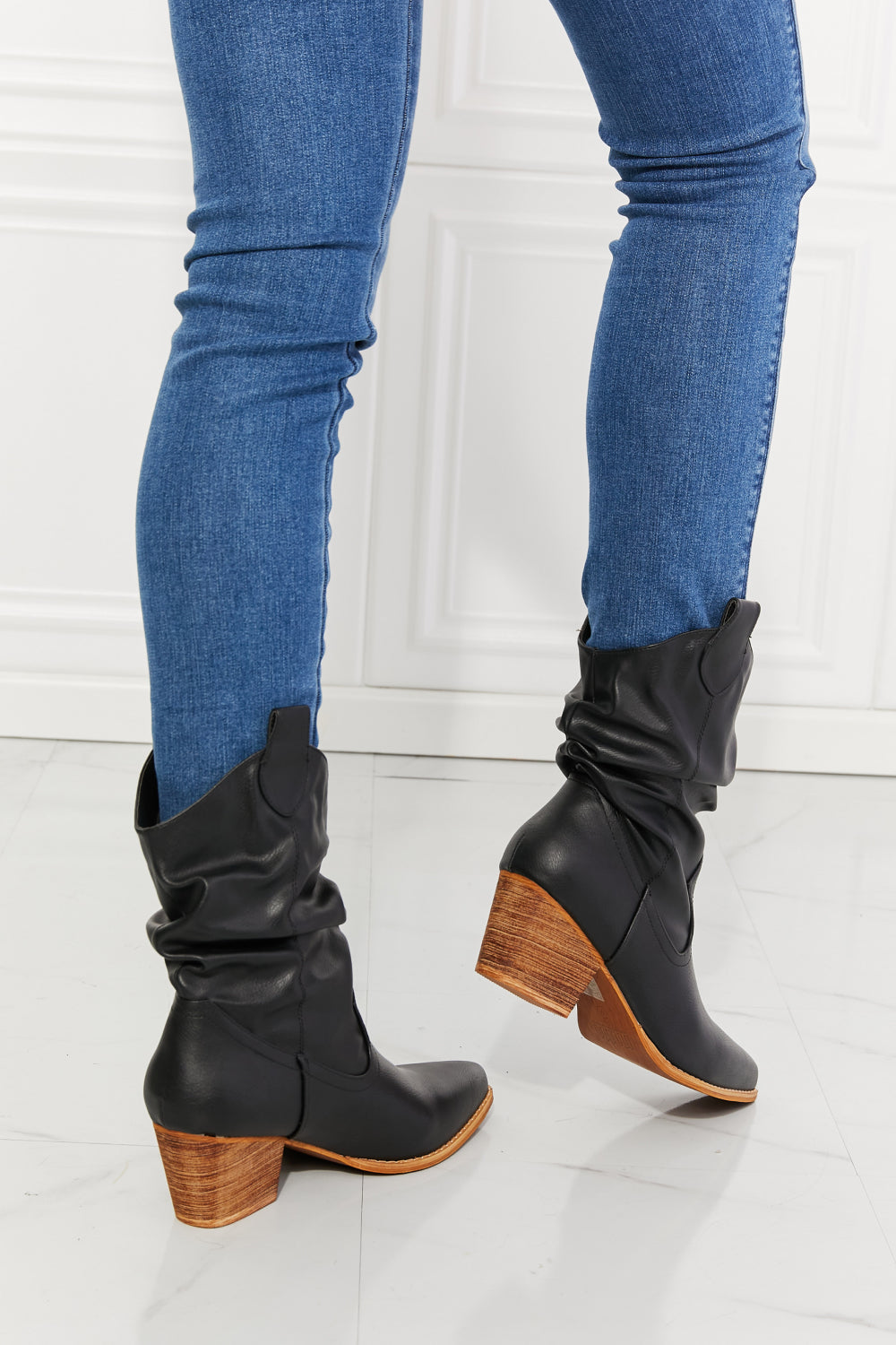 Get trendy with MMShoes Better in Texas Scrunch Cowboy Boots in Black - Shoes available at Styles Code. Grab yours today!