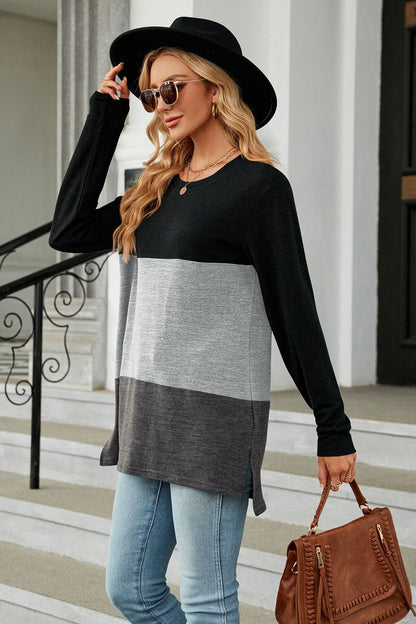 Get trendy with Color Block Round Neck Long Sleeve Slit T-Shirt - Tops available at Styles Code. Grab yours today!