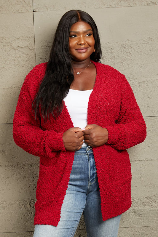 Get trendy with Zenana Falling For You Full Size Open Front Popcorn Cardigan - Cardigan available at Styles Code. Grab yours today!