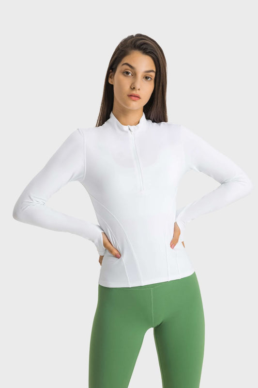 Get trendy with Half Zip Thumbhole Sleeve Sports Top - Activewear available at Styles Code. Grab yours today!