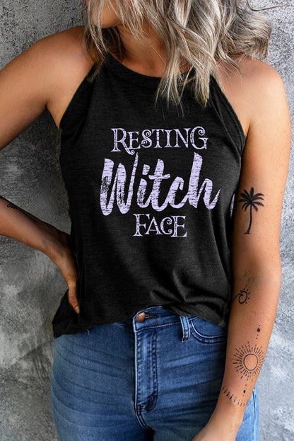 Get trendy with Round Neck RESTING WITCH FACE Graphic Tank Top - Halloween Clothes available at Styles Code. Grab yours today!