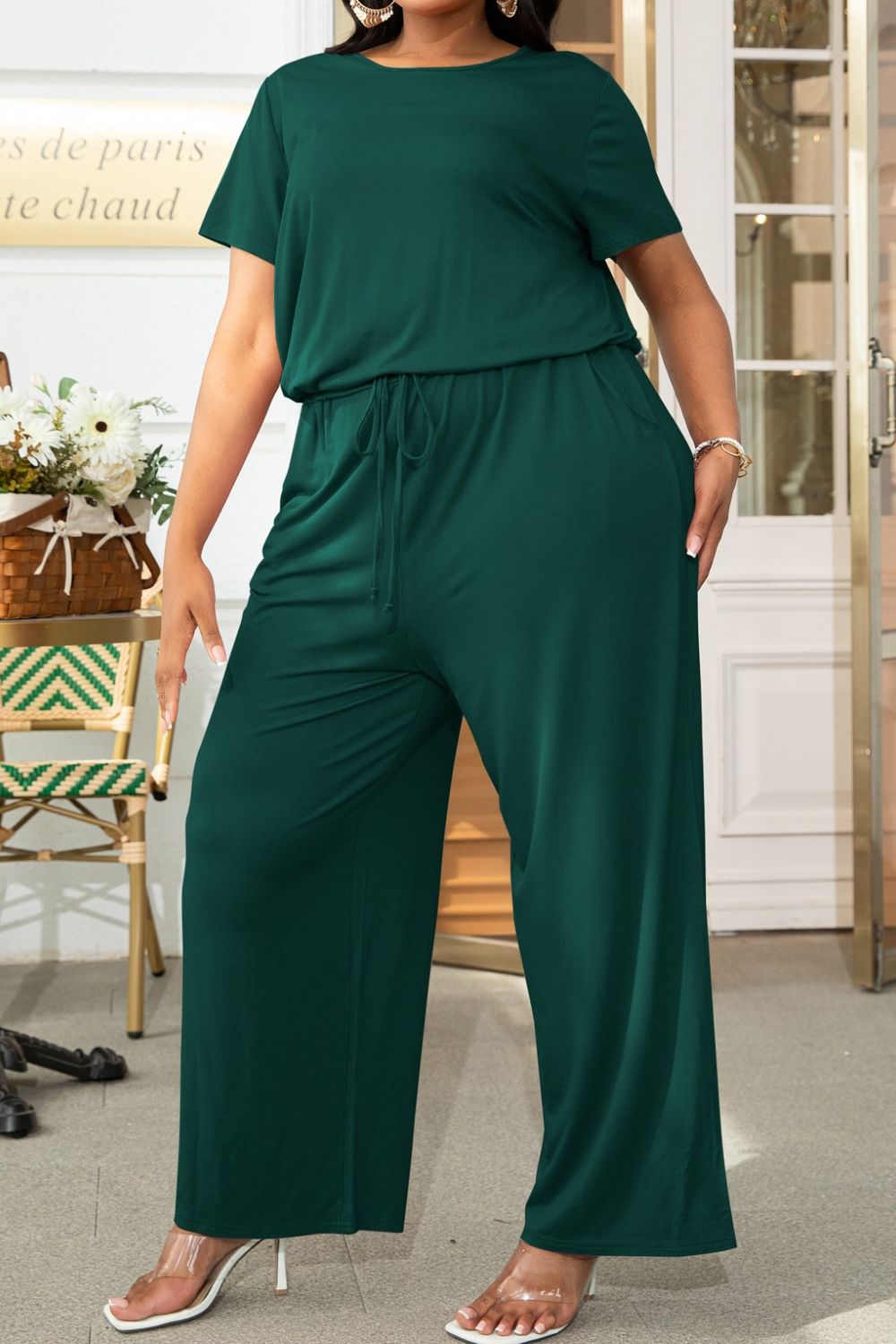 Get trendy with Plus Size Drawstring Waist Short Sleeve Jumpsuit - Plus size available at Styles Code. Grab yours today!