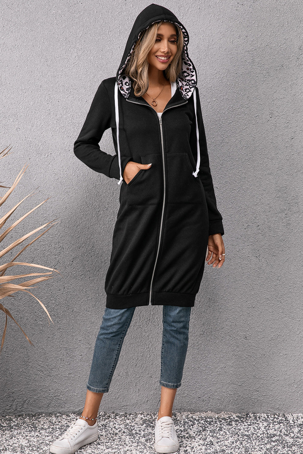 Get trendy with Leopard Spliced Drawstring Zip Up Hoodie Dress - Coats available at Styles Code. Grab yours today!