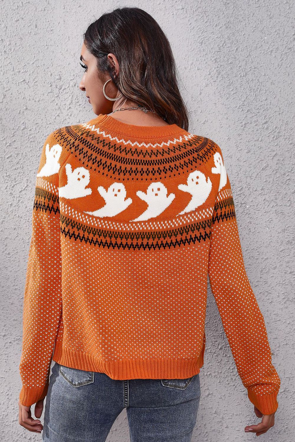 Get trendy with Ghost Pattern Round Neck Long Sleeve Sweater - Halloween Clothes available at Styles Code. Grab yours today!