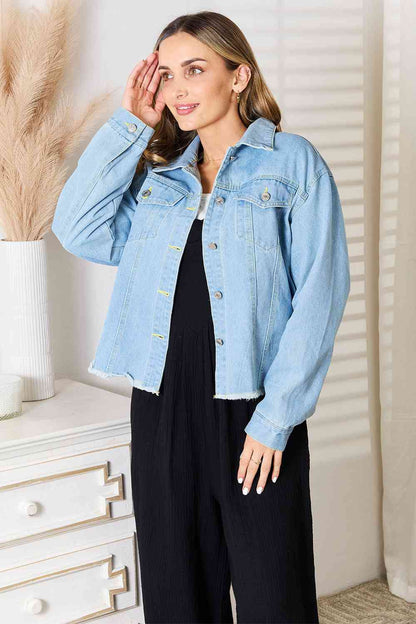 Get trendy with Double Take Dropped Shoulder Raw Hem Denim Jacket - Jacket available at Styles Code. Grab yours today!