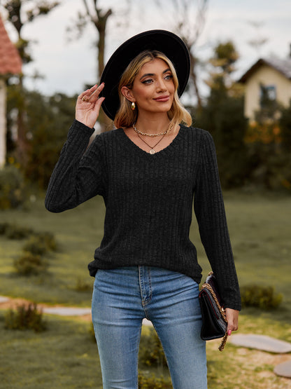 Get trendy with Ribbed V-Neck Long Sleeve Tee - Tops available at Styles Code. Grab yours today!