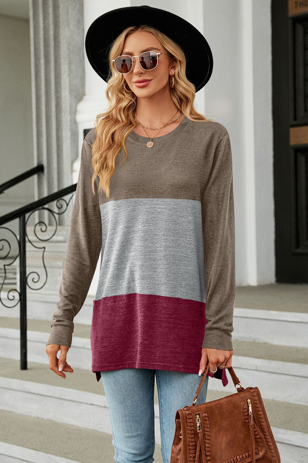 Get trendy with Color Block Round Neck Long Sleeve Slit T-Shirt - Tops available at Styles Code. Grab yours today!