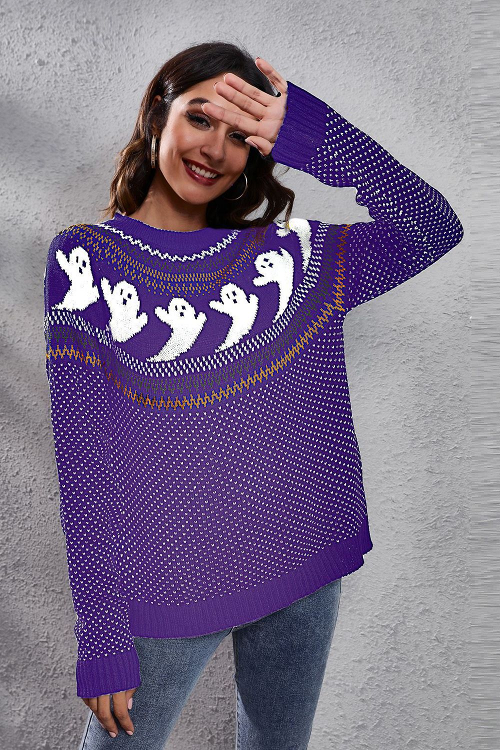 Get trendy with Ghost Pattern Round Neck Long Sleeve Sweater - Halloween Clothes available at Styles Code. Grab yours today!