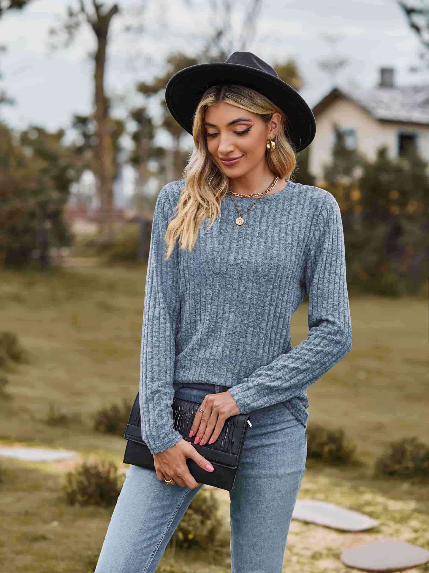 Get trendy with Ribbed Round Neck Long Sleeve Tee - T-Shirt available at Styles Code. Grab yours today!