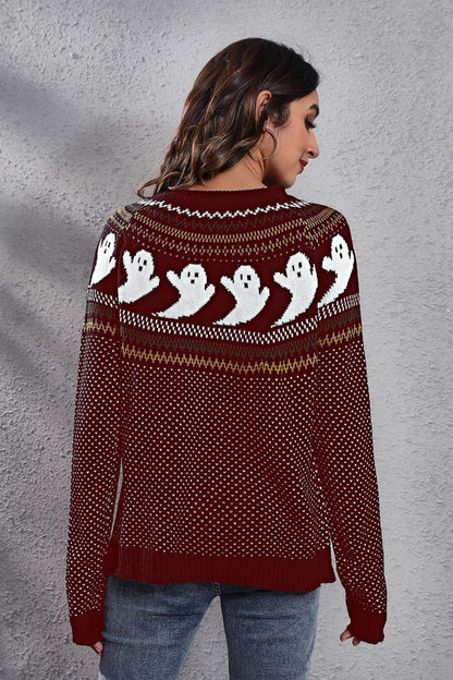 Get trendy with Ghost Pattern Round Neck Long Sleeve Sweater - Halloween Clothes available at Styles Code. Grab yours today!