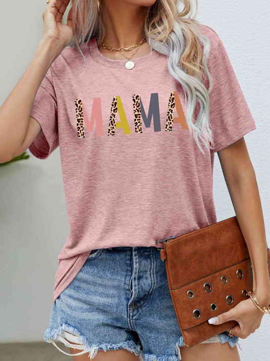 Get trendy with MAMA Leopard Graphic Short Sleeve Tee - T-Shirt available at Styles Code. Grab yours today!