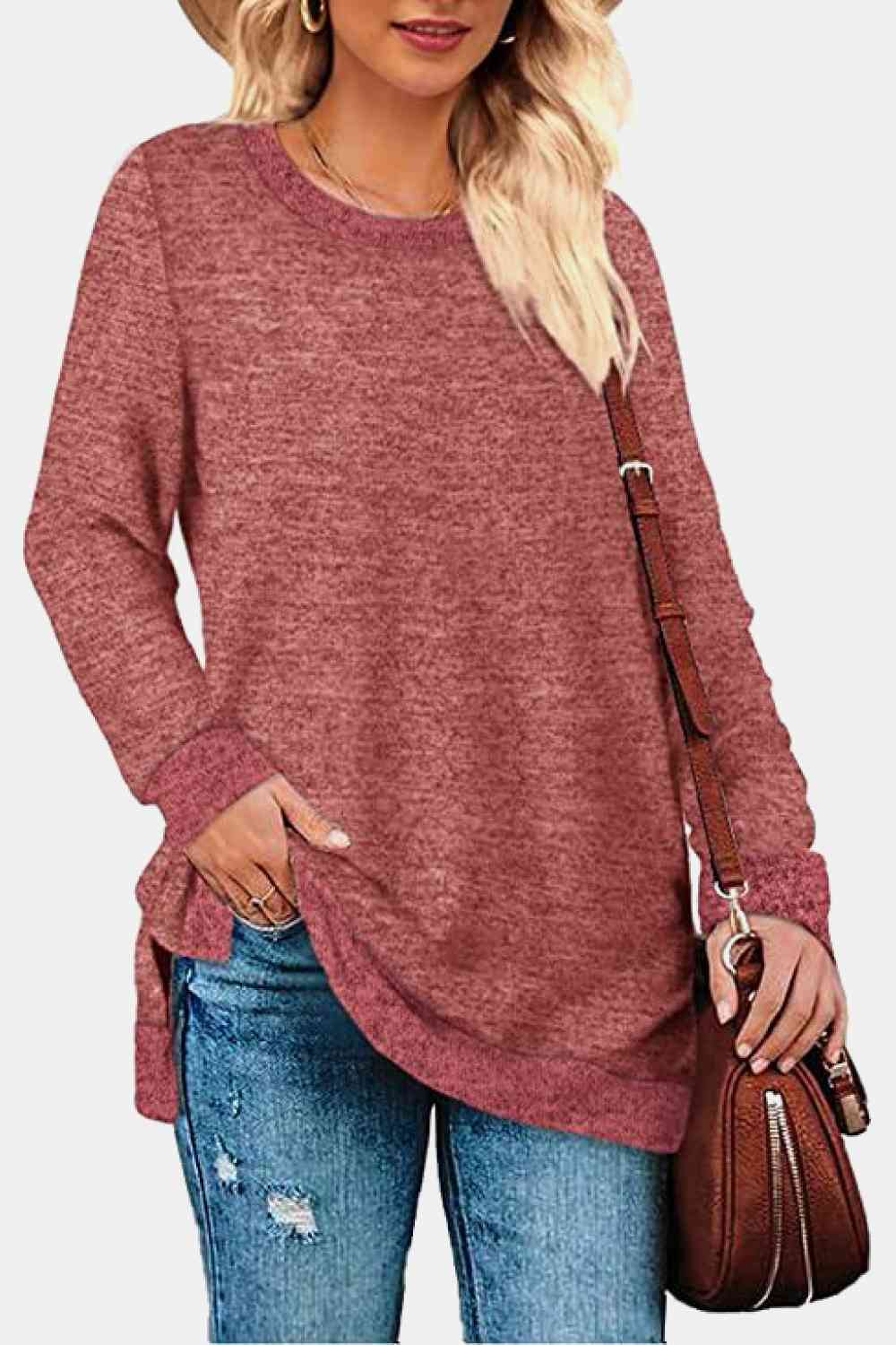 Get trendy with Round Neck Long Sleeve Slit T-Shirt - Shirt available at Styles Code. Grab yours today!