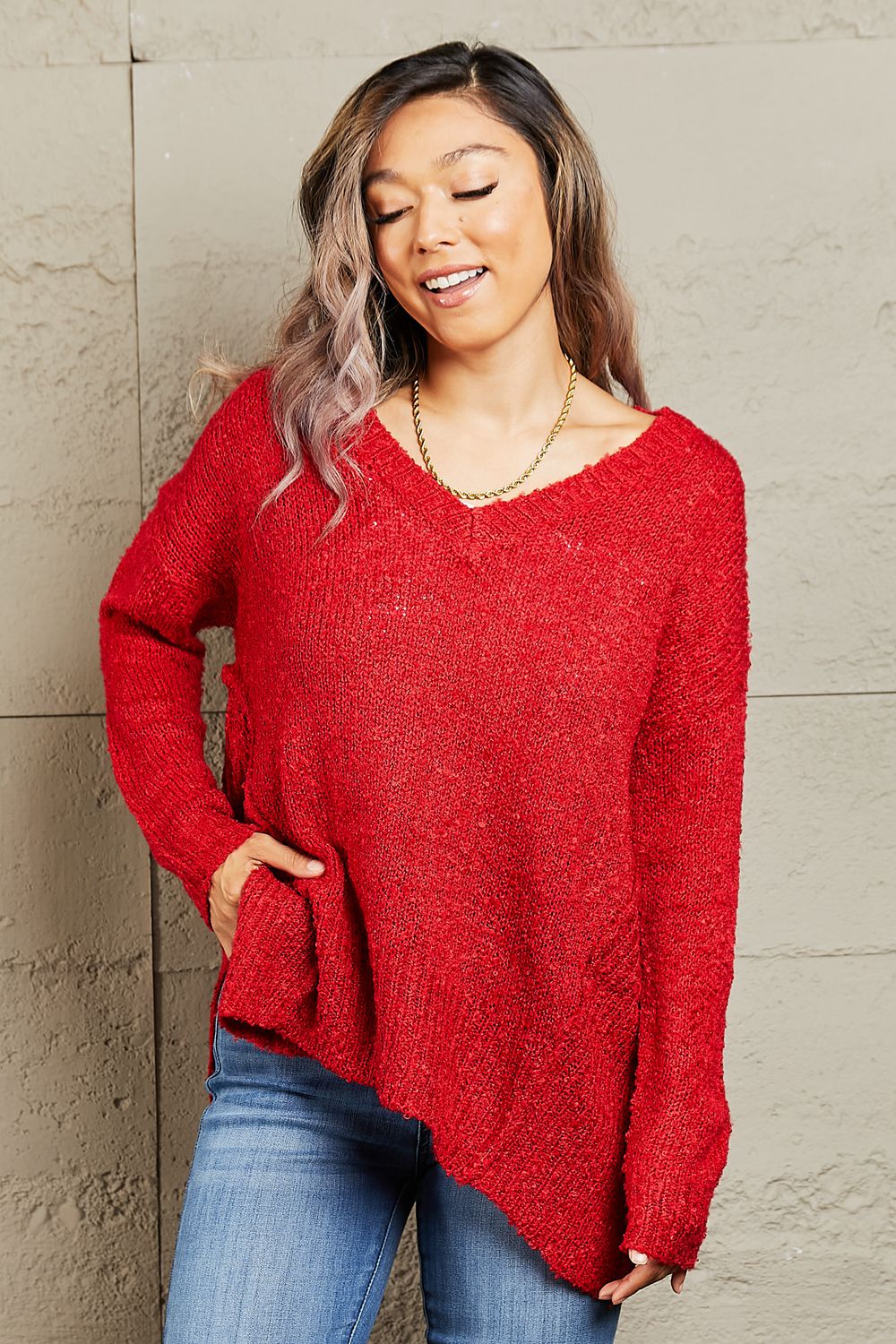 Get trendy with Heimish By The Fire Full Size Draped Detail Knit Sweater - Luxe available at Styles Code. Grab yours today!