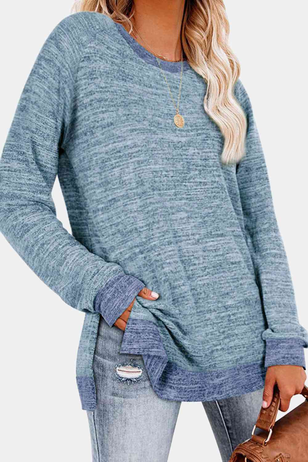 Get trendy with Round Neck Long Sleeve Slit T-Shirt - Shirt available at Styles Code. Grab yours today!