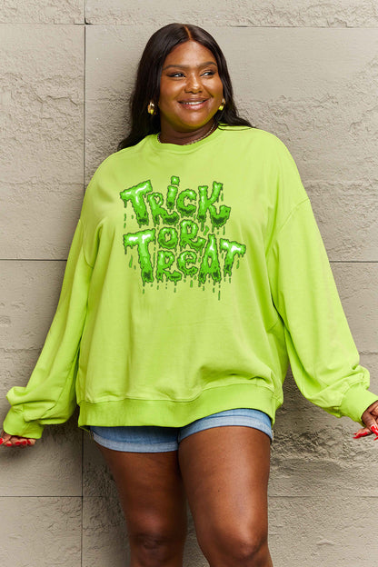 Get trendy with Simply Love Full Size TRICK OR TREAT Graphic Sweatshirt - Halloween Clothes available at Styles Code. Grab yours today!