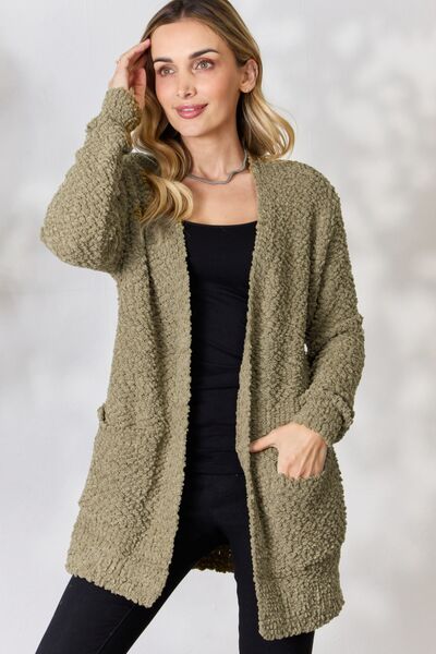 Get trendy with Zenana Falling For You Full Size Open Front Popcorn Cardigan - Cardigan available at Styles Code. Grab yours today!