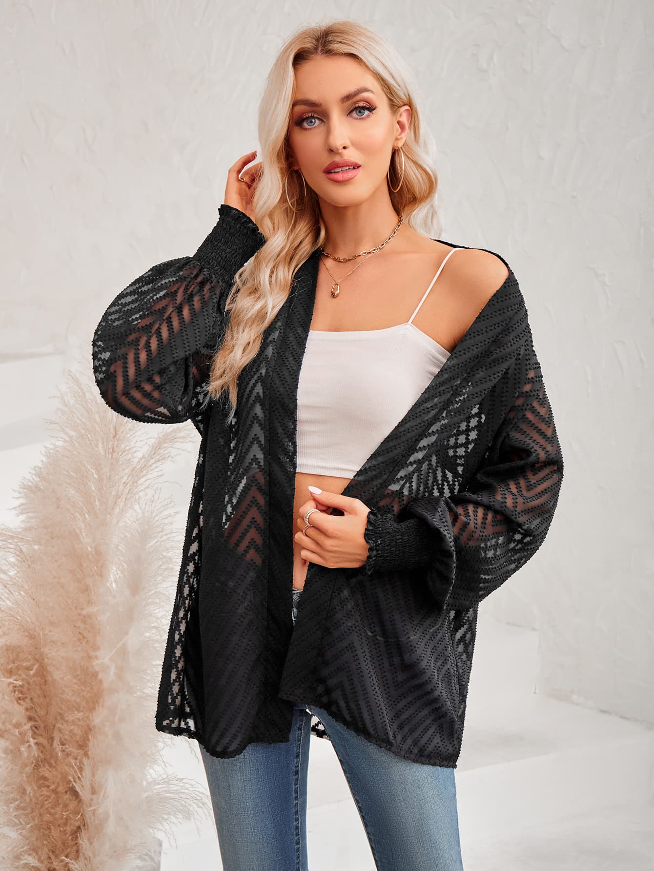 Get trendy with Lantern Sleeve Open Front Sheer Cardigan - Coats available at Styles Code. Grab yours today!